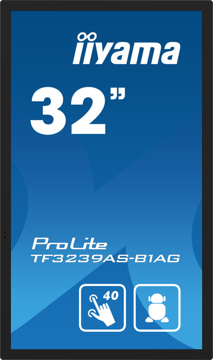 Dark Cyan iiyama TF3239AS-B1AG Signage Display Digital signage flat panel 80 cm (31.5") LED 500 cd/m² 2.4K Ultra HD Black Touchscreen Built-in processor Android 24/7