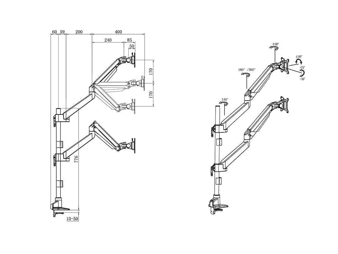 Light Slate Gray Multibrackets M VESA Gas Lift Arm Dual Stacked Pole