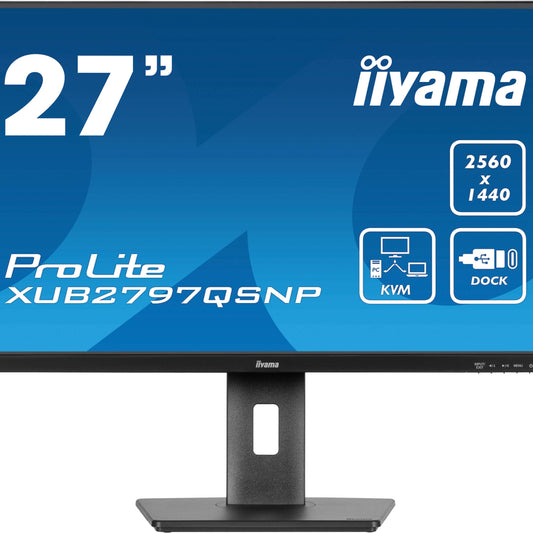 Dark Cyan iiyama ProLite XUB2797QSNP-B1 27’’ WQHD IPS Monitor with RJ45 (LAN), KVM Switch & USB-C Dock (96W Power Delivery)