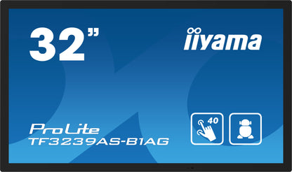 Dark Cyan iiyama TF3239AS-B1AG Signage Display Digital signage flat panel 80 cm (31.5") LED 500 cd/m² 2.4K Ultra HD Black Touchscreen Built-in processor Android 24/7