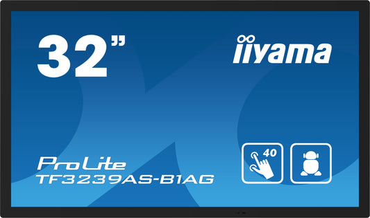 Dark Cyan iiyama TF3239AS-B1AG Signage Display Digital signage flat panel 80 cm (31.5") LED 500 cd/m² 2.4K Ultra HD Black Touchscreen Built-in processor Android 24/7